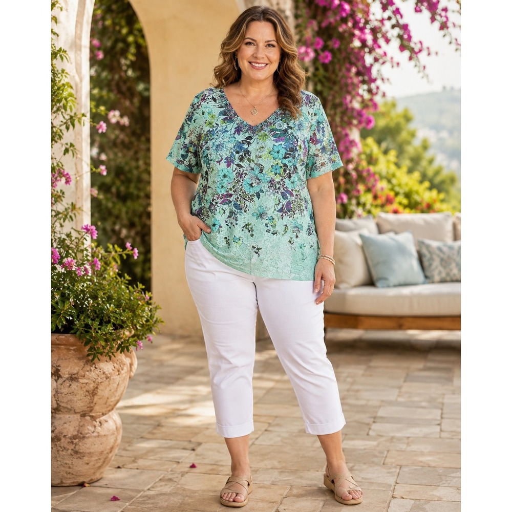 510. Boho One World Mint Green Floral Lace V-Neck Beaded Short Sleeve Top